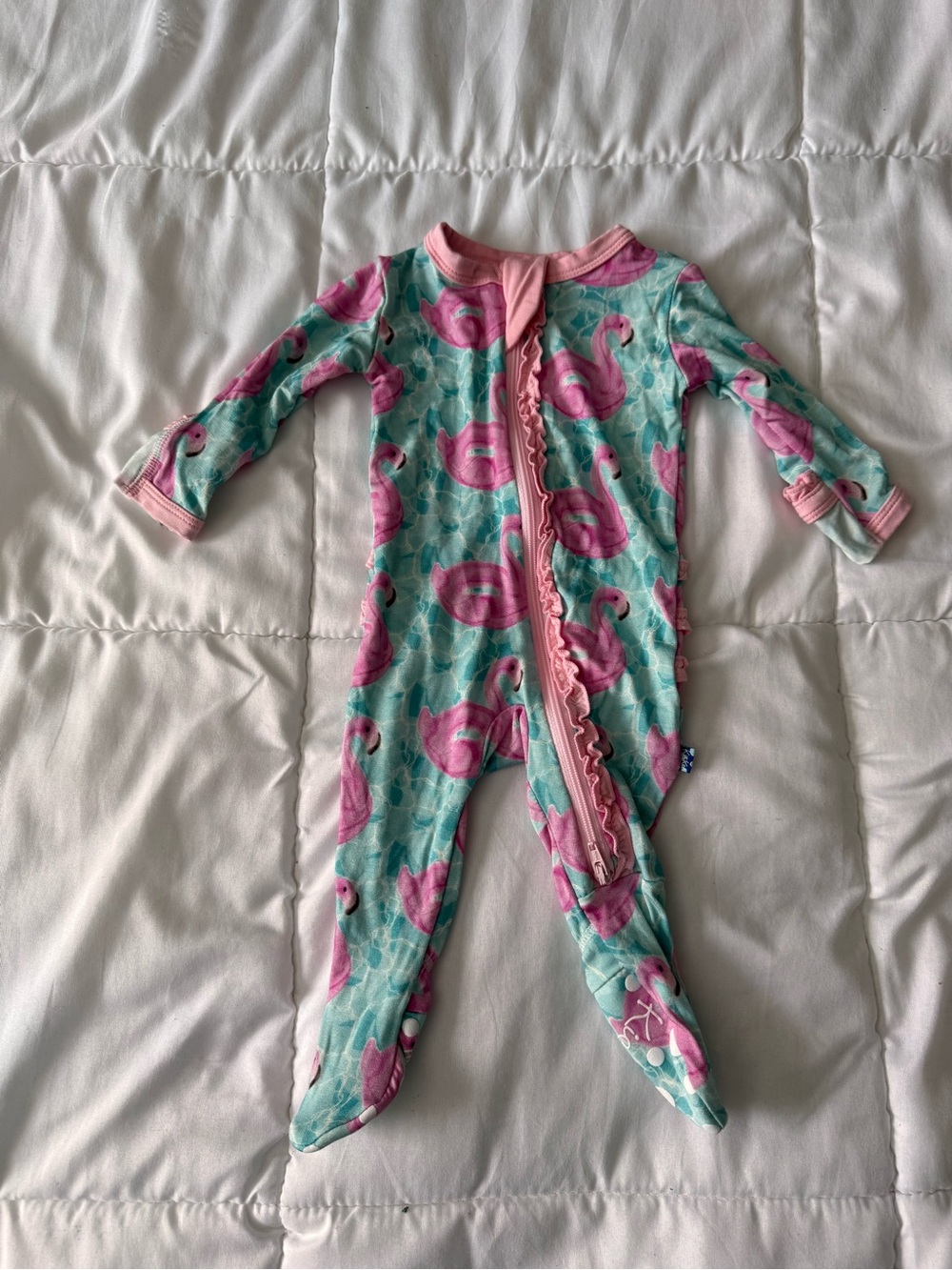 Kickee Pool Party Flamingo Ruffle Hem Footie Romper